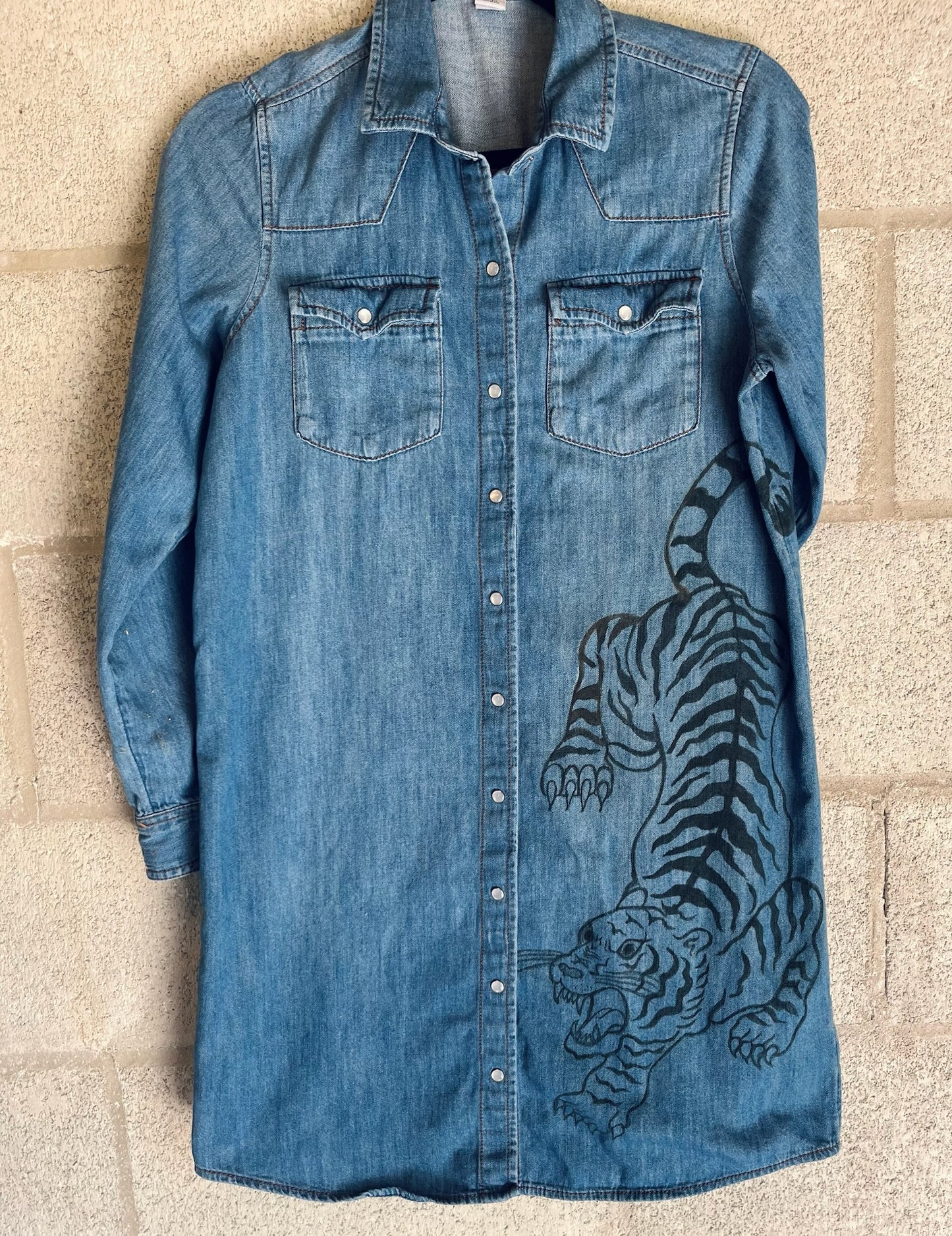 Roaring Tiger: Hand-Painted Denim Dress - iambabyhands