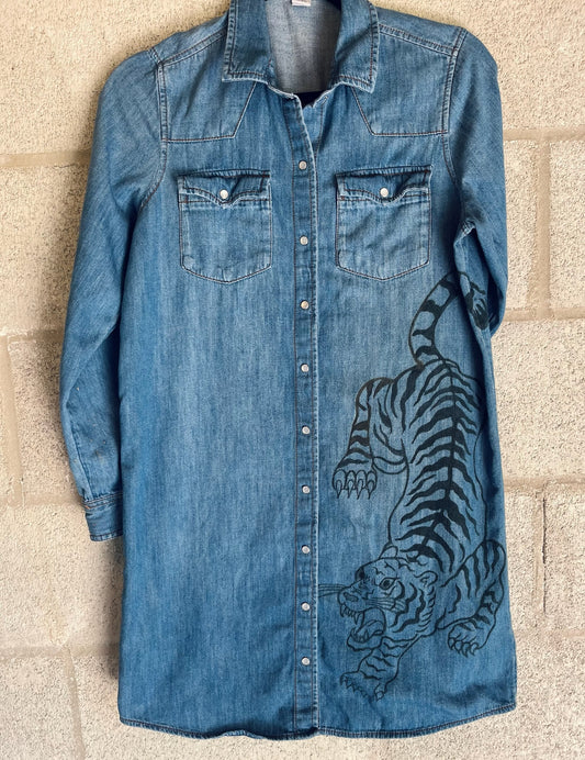 Roaring Tiger: Hand-Painted Denim Dress - iambabyhands