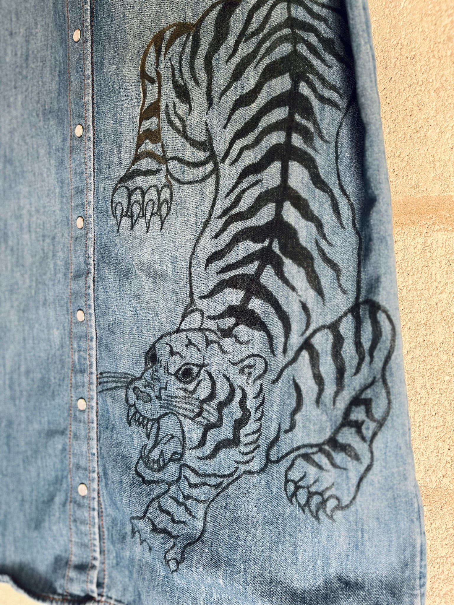 Roaring Tiger: Hand-Painted Denim Dress - iambabyhands